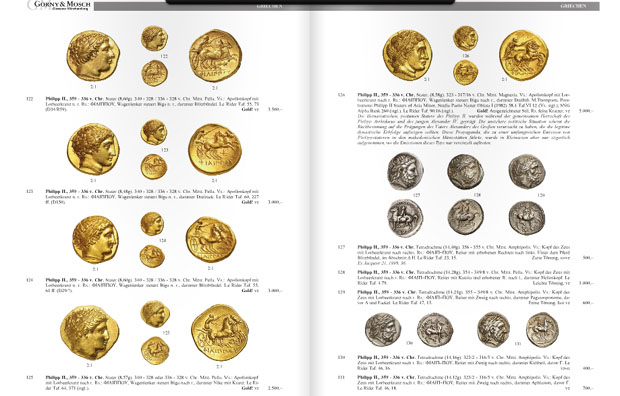 Μερικά από τα χρυσά και άλλα νομίσματα με τη μορφή του Φιλίππου Β' 
