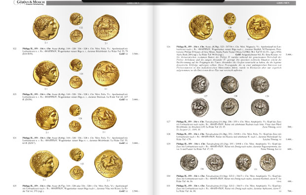 Μερικά από τα χρυσά και άλλα νομίσματα με τη μορφή του Φιλίππου Β' 