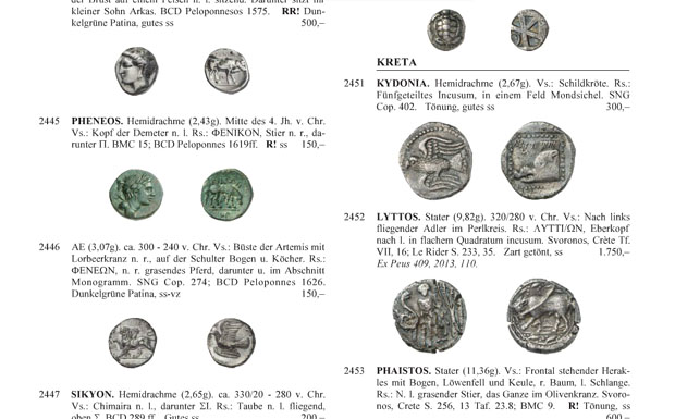 Νομίσματα αρχαίων πόλεων από την Κρήτη και τον υπόλοιπο αρχαιοελληνικό κόσμο, όπως παρουσιάζονται στο φυλλάδιο της δημοπρασίας