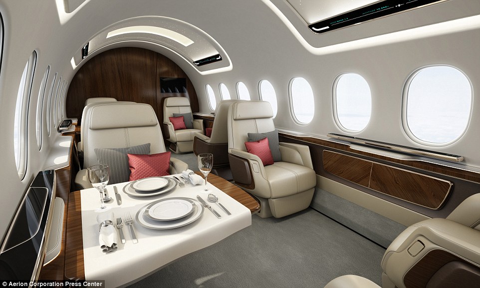 Design features include wings which reduce overall drag by 20 per cent, allowing for lower fuel consumption and longer range and a luxurious 30ft-long cabin that will seat up to 12 passengers