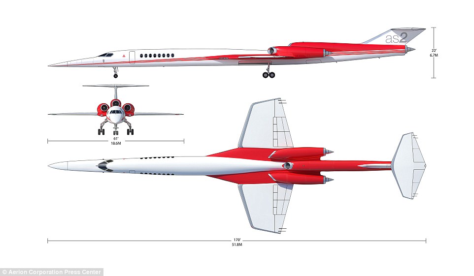 The Aerion AS2 business jet will fly at a top speed of 1,217 mph (1960 km/h), which is almost as fast as Concorde, which flew at 1,350 mph (2,170 km/h). It features a wingspan of 61ft (18.6 metres) and a length of 170ft (51.8 metres)
