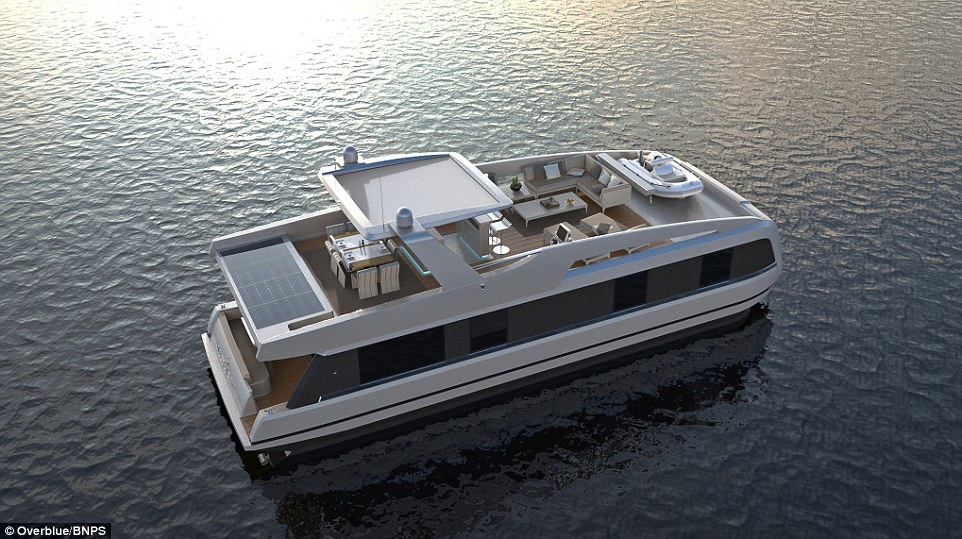 The wacky 'floating motorhome', called Overblue, also boasts king size beds, en-suite bathrooms, an onboard jacuzzi and a vast first-floor 'flybridge' for al fresco entertaining