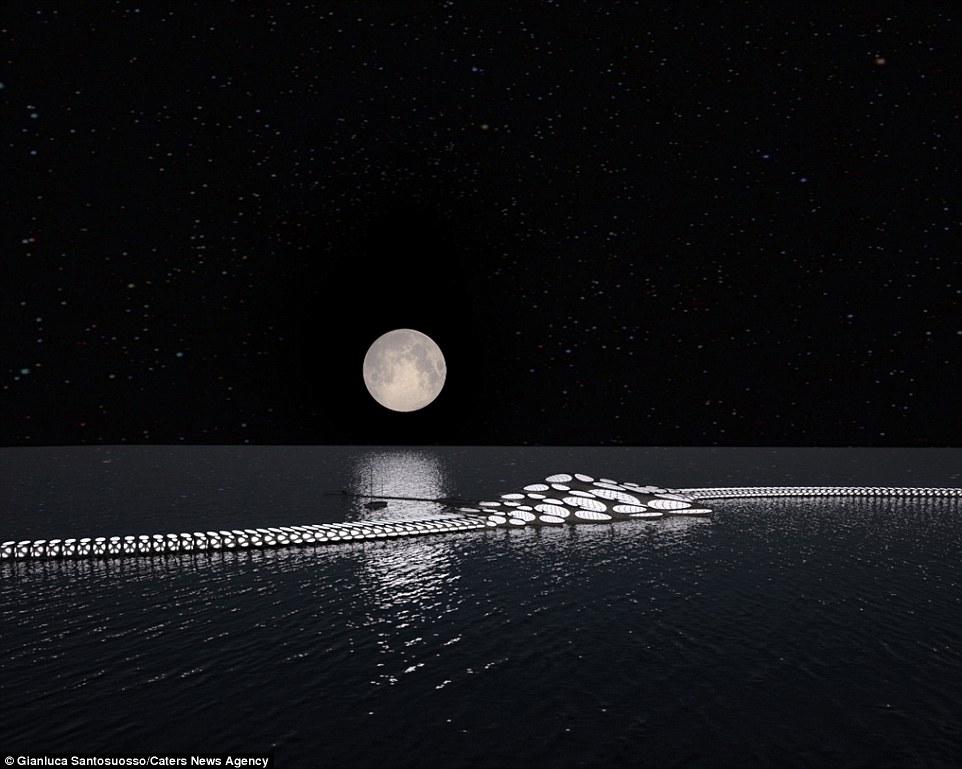 At night, the buoyant structure would look more like a spaceship while it is lit up against the moon and the night sky