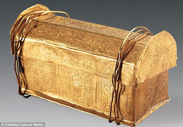 A fragment of bone found in a tiny golden casket (pictured) uncovered in China may have belonged to Siddhartha Gautama, whose teachings became the foundations Buddhism