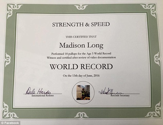 Madison's certificate for her record is seen here in a Facebook photograph