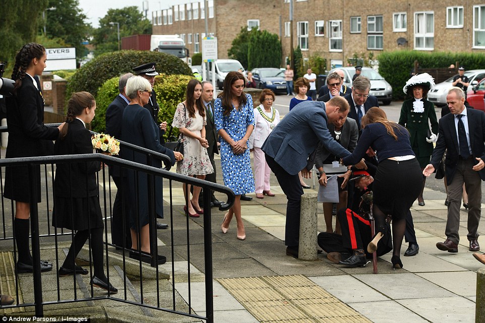 Prince William rushed to the aid of the local dignitary as the couple began a royal visit to the Stewards Academy