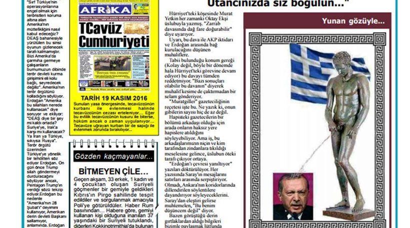 Απειλές στον εκδότη της «Αφρίκα» για το ελληνικό άγαλμα που ουρεί στο κεφάλι του Ερντογάν
