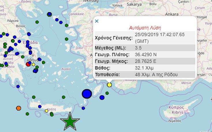 Σεισμική δόνηση 3,5 Ρίχτερ ανατολικά της Ρόδου