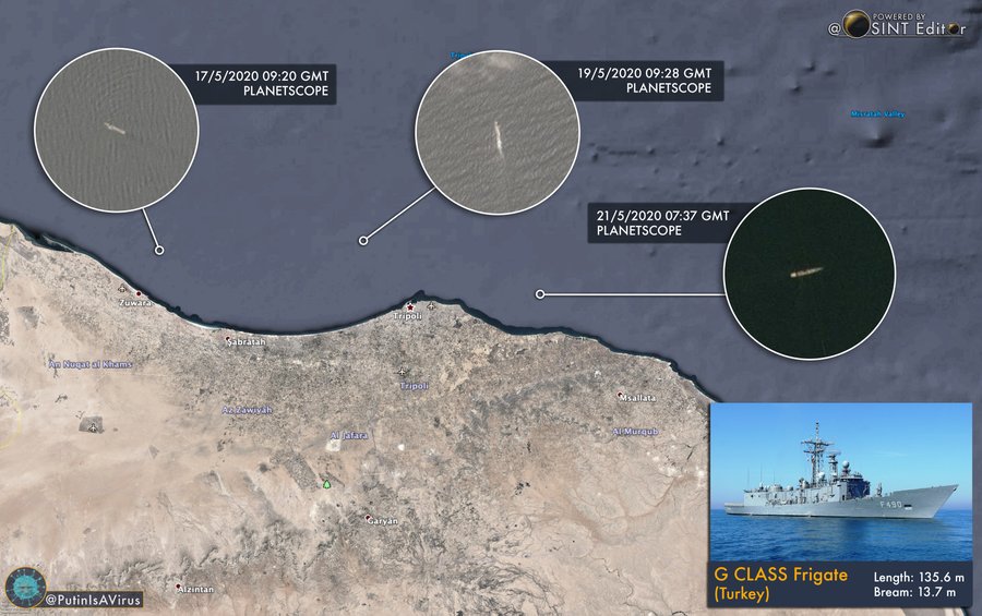 Δορυφορικές φωτογραφίες: Τουρκική φρεγάτα κλάσης “G” ελέγχει τα παράλια της Λιβύης