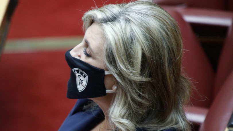 Η βουλευτής του ΚΙΝΑΛ Ε.Λιακούλη πήγε στη Βουλή με μάσκα με το σήμα της Λάρισας (φώτο)