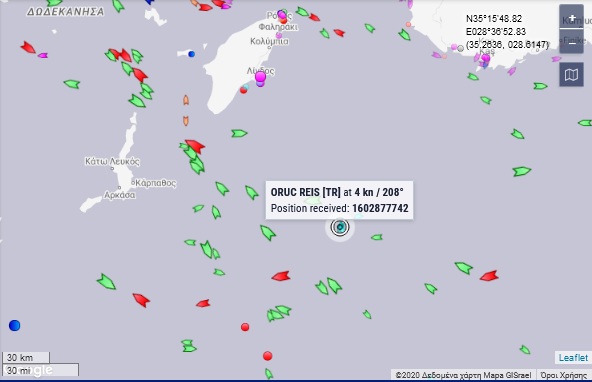 Oruc Reis: Συνεχίζει κανονικά τις έρευνές του εντός της ελληνικής υφαλοκρηπίδας