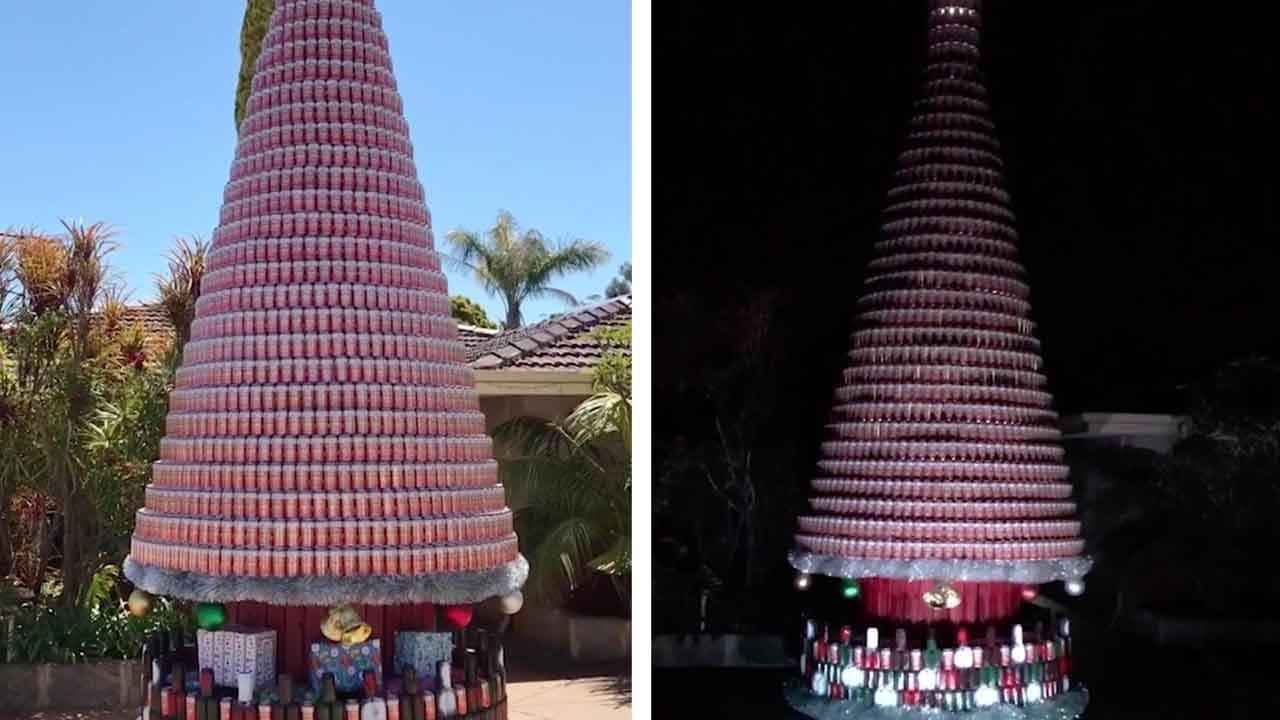 Μπαμπάς έφτιαξε χριστουγεννιάτικο δέντρο με 5.000 κουτάκια μπίρας και Coca Cola (βίντεο)