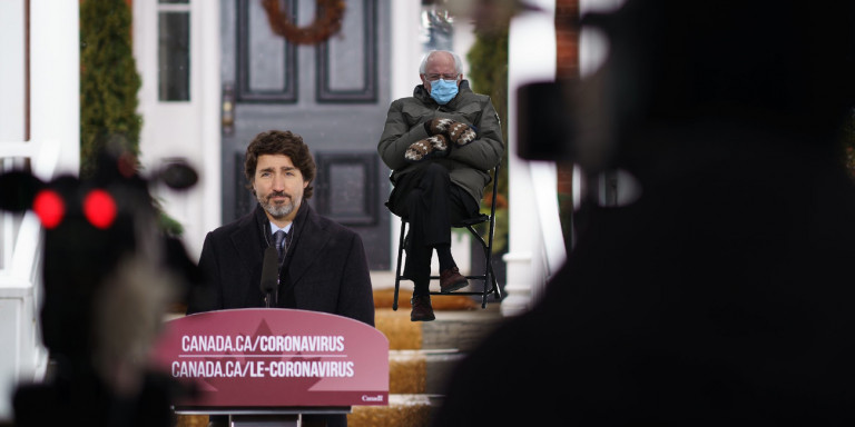 Ο Τζάστιν Τριντό με το meme του Μπέρνι Σάντερς συστήνει να αποφεύγονται τα ταξίδια