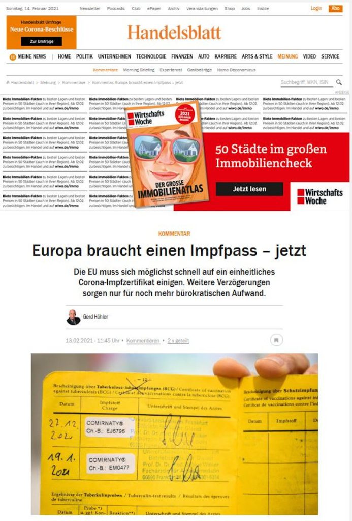 Handelsblatt: «Η Ευρώπη χρειάζεται πιστοποιητικό εμβολιασμού τώρα»