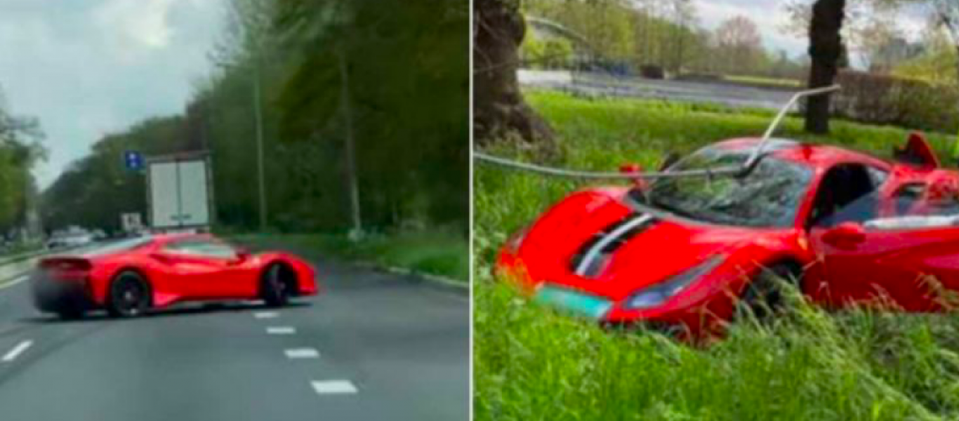 Η στιγμή που οδηγός Ferrari 488 Pista σαν του Τζώρτζη Μονογυιού χάνει τον έλεγχο στην ευθεία και πέφτει πάνω σε δέντρο