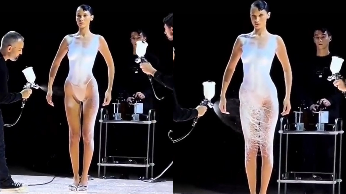 Ημίγυμνη εμφανίστηκε η Μπέλα Χαντίντ για να φτιάξουν φόρεμα από σπρέι πάνω στο κορμί της! (βίντεο)