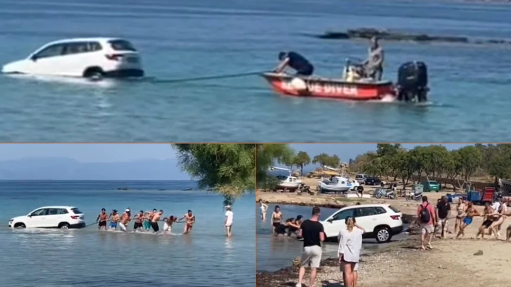 Επικό βίντεο από την Αίγινα – Έκαναν ανθρώπινη αλυσίδα για να βγάλουν αυτοκίνητο από τη θάλασσα