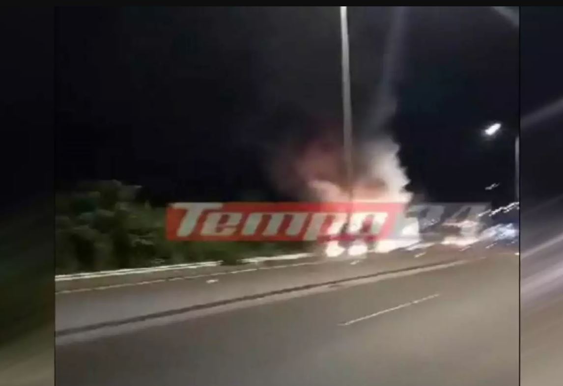 Νταλίκα «λαμπάδιασε» στο ύψος της Οβρυάς στην Πάτρα (βίντεο)