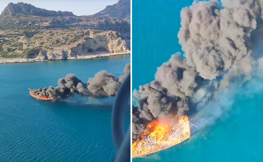 Βίντεο ντοκουμέντο: Η στιγμή που καίγεται ολοσχερώς τουριστικό πλοιάριο στη Ρόδο