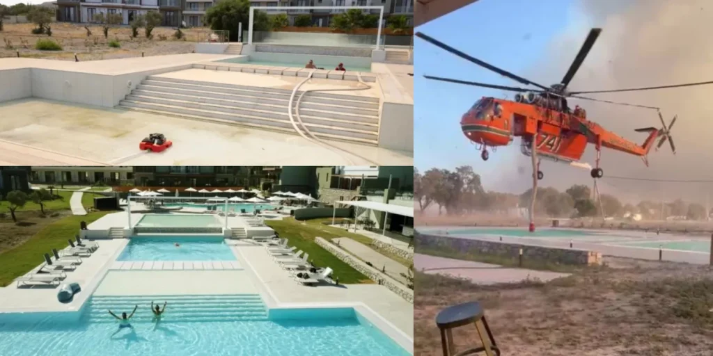 Φωτιά στη Ρόδο: Η στιγμή που ελικόπτερο της Πυροσβεστικής αντλεί νερό από πισίνα ξενοδοχείου