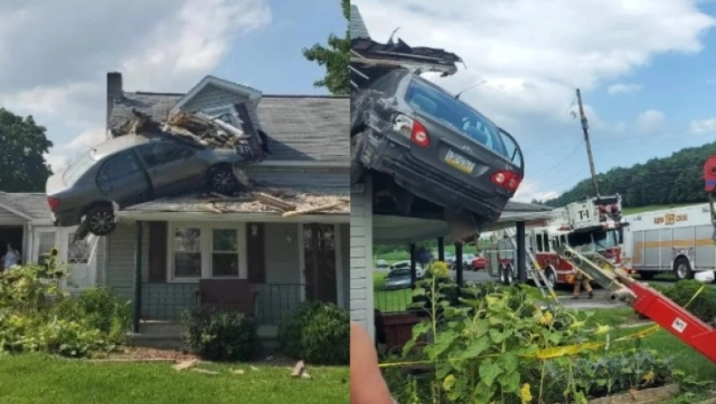 Απίστευτο: Αυτοκίνητο «καρφώθηκε» σε οροφή σπιτιού – «Δεν ήταν ατύχημα» λένε οι Αρχές (βίντεο)