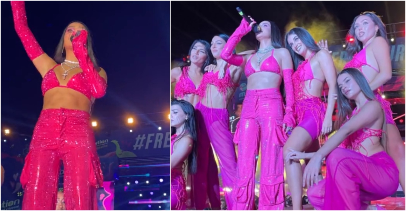 Η αισθησιακή φούξια εμφάνιση της Αναστασίας Δημητρά με τις χορεύτριές της στο ΟΑΚΑ (βίντεο)