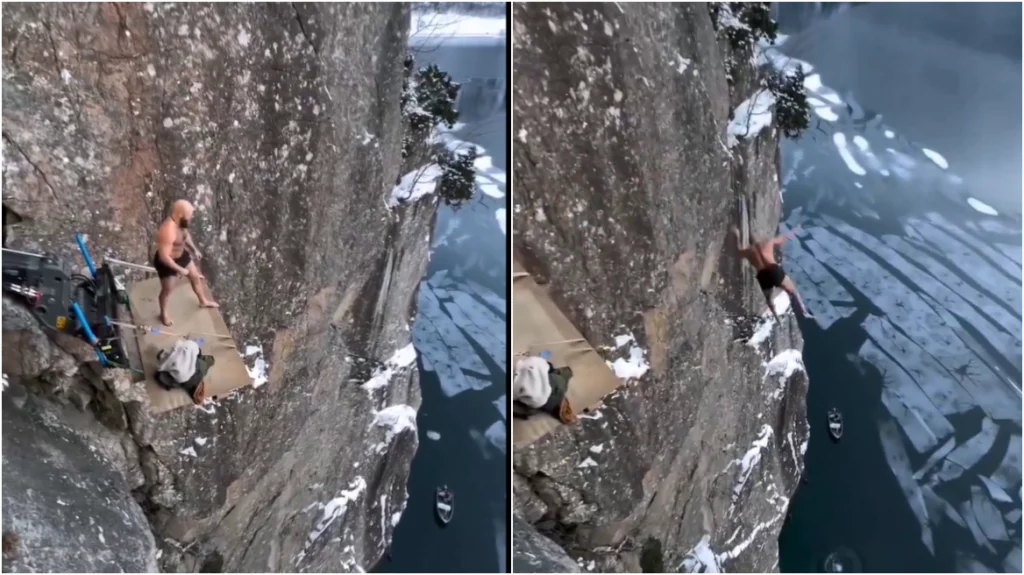 Νορβηγία: Η στιγμή που άνδρας κάνει βουτιά από τα 40 μέτρα στα παγωμένα νερά με την κοιλιά (βίντεο)