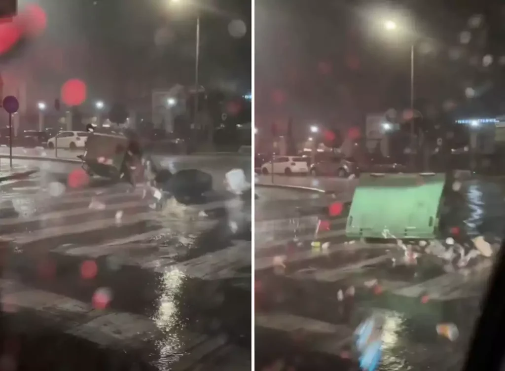 Η στιγμή που ο δυνατός αέρας εκσφενδονίζει κάδο σκουπιδιών στη μέση του δρόμου στη Θεσσαλονίκη (βίντεο) 
