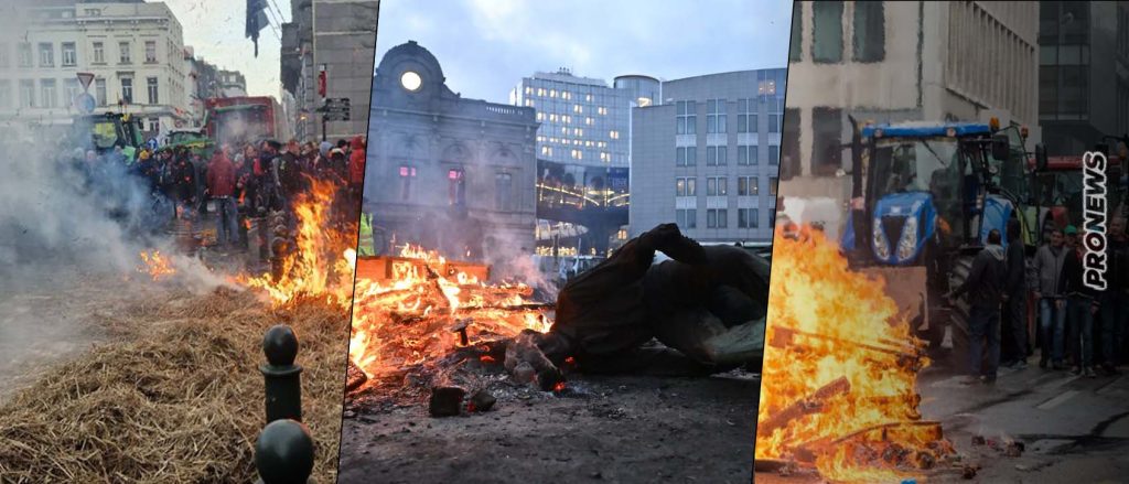 Yπό «πολιορκία» το Ευρωκοινοβούλιο στις Βρυξέλλες από χιλιάδες αγρότες – Γκρέμισαν άγαλμα στην πλατεία «Λουξεμβούργου»