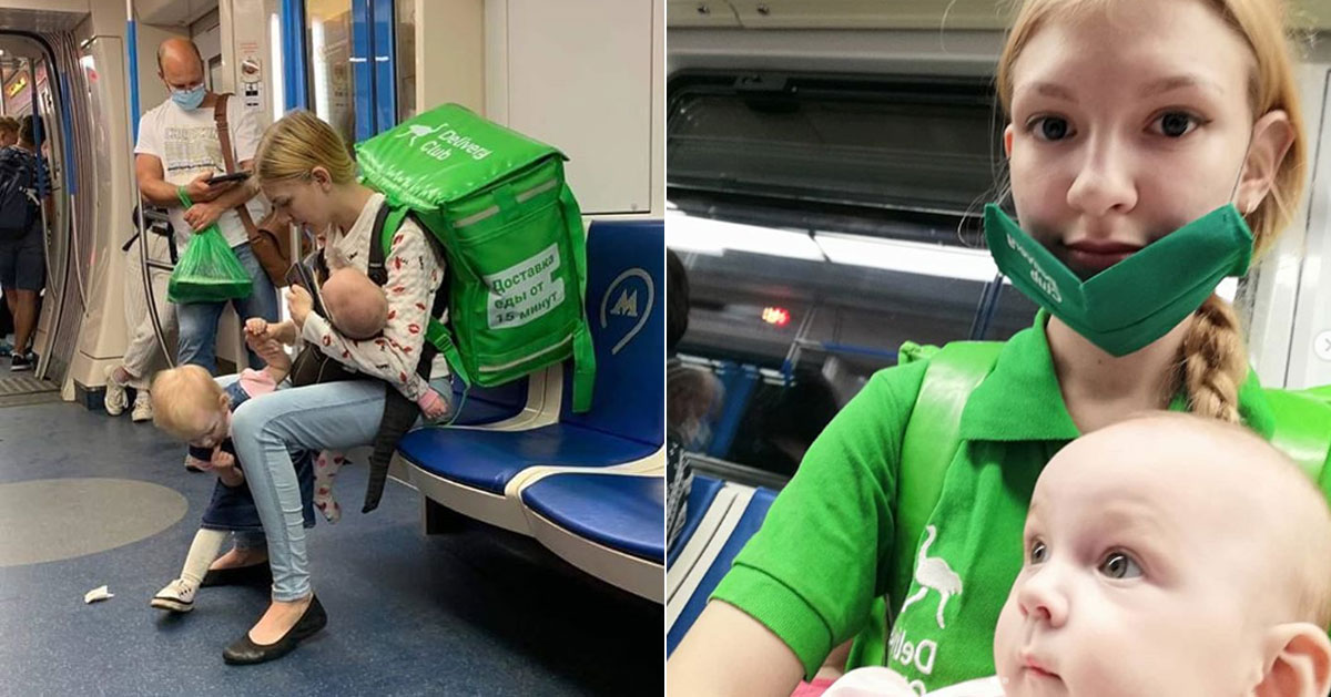 Ρωσίδα νεαρή μητέρα εκτελεί υπηρεσίες ντιλίβερι έχοντας μαζί της και τα παιδιά της!