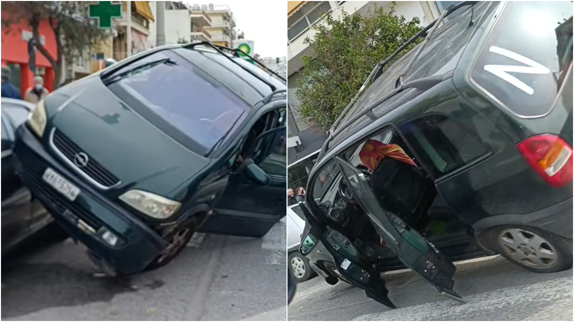 Γαλάτσι: Οδηγός πήρε… ανοικτά στροφή και «σκαρφάλωσε» σε παρκαρισμένα ΙΧ (βίντεο)