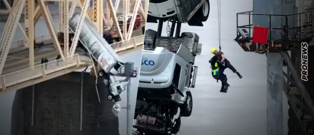 Φορτηγό κρεμάστηκε από γέφυρα και η οδηγός σώθηκε από θαύμα (βίντεο)