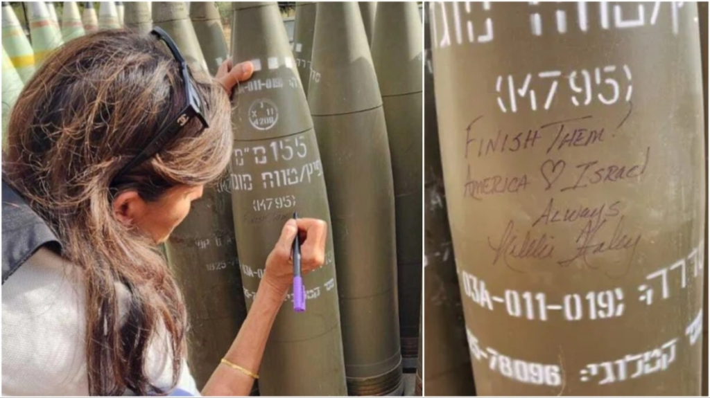 Νίκι Χέιλι: Η στιγμή που γράφει «αποτελειώστε τους» πάνω σε ισραηλινή οβίδα (φώτο) (upd)