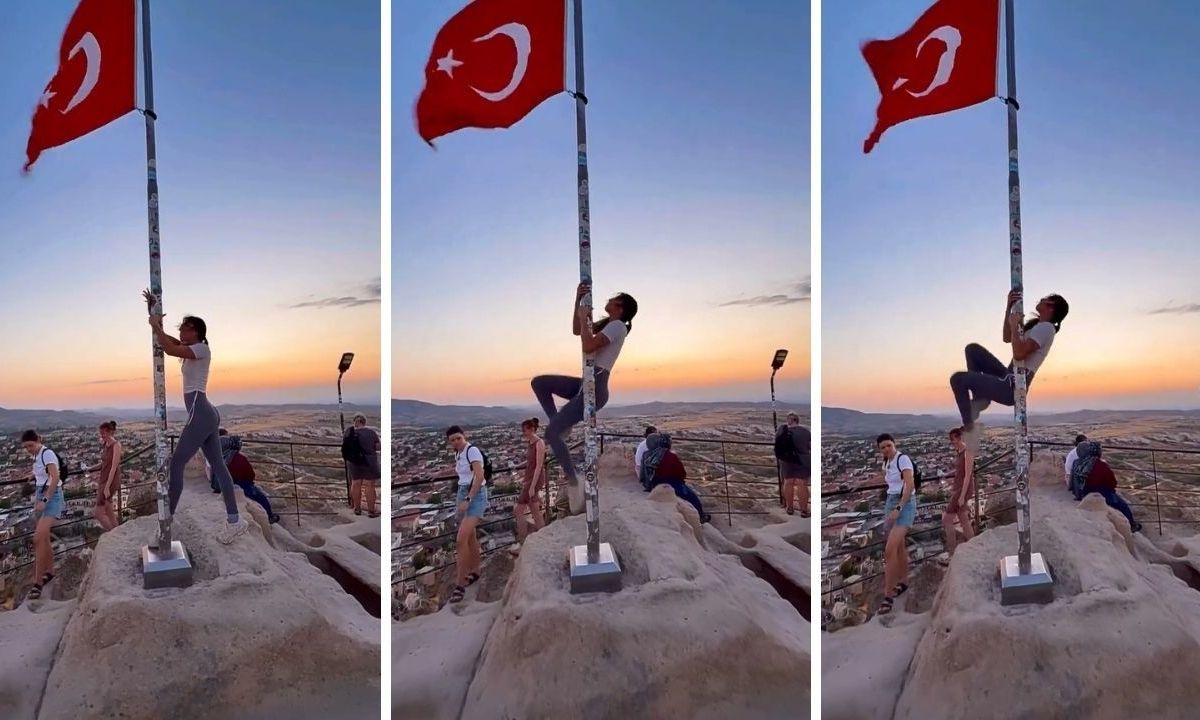 Καλλονή τουρίστρια έκανε εντυπωσιακό pole dancing σε στύλο με την τουρκική σημαία στην Καπαδοκία! (βίντεο)
