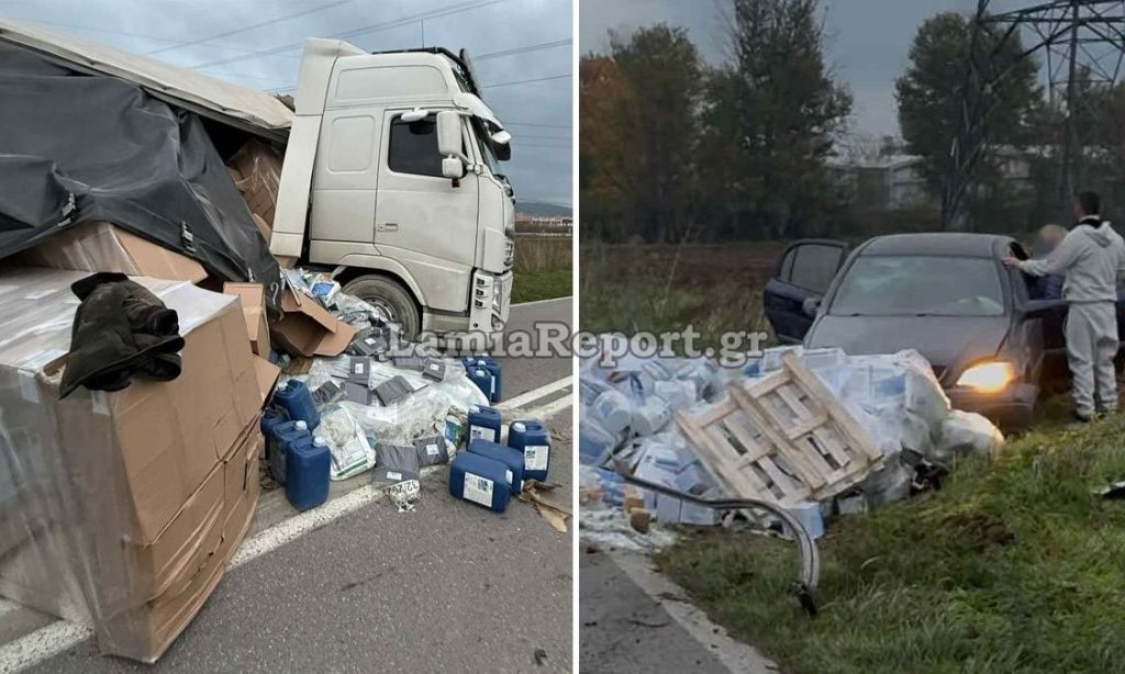 Σοβαρό τροχαίο στην Ε.Ο. Θηβών – Σχηματαρίου: Έπεσαν τσιμέντα στον δρόμο μετά τη σύγκρουση νταλίκας με Ι.Χ. (φωτο)