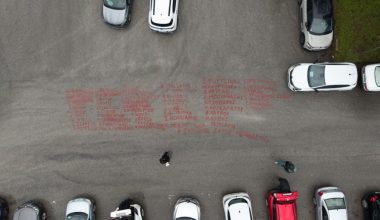 Έγκλημα στα Τέμπη: Έγραψαν με μπογιά τα ονόματα των 57 θυμάτων έξω από το συγκρότημα «Γαιόπολις» (φωτο)