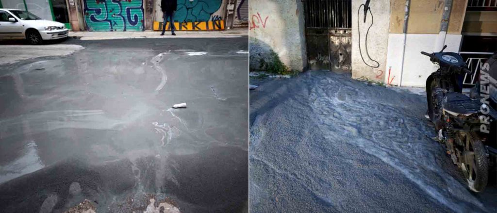 Γέμισε υγροποιημένο «τσιμέντο» δρόμος της Κυψέλης – Βγαίνει από την αυλή εγκαταλειμμένου σπιτιού (φώτο)