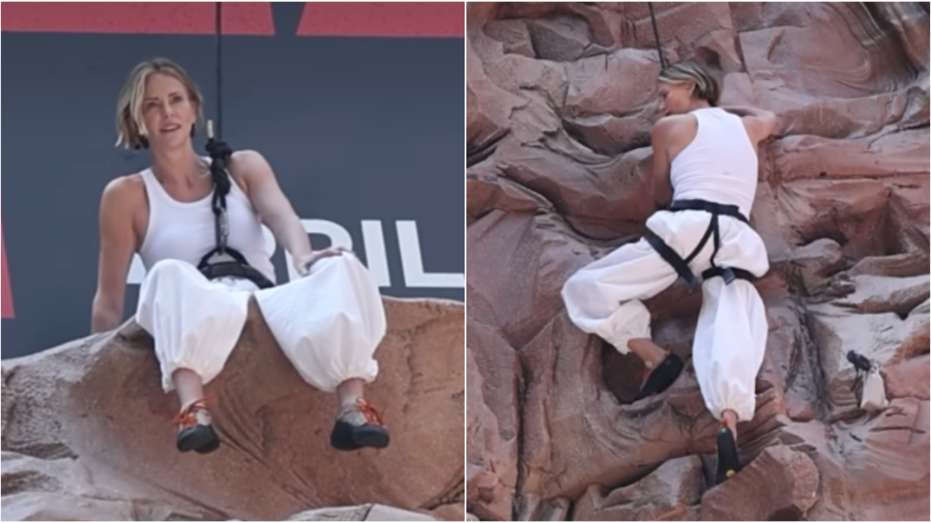 «Σπαϊντεργούμαν» έγινε η Σαρλίζ Θερόν για τις ανάγκες προώθησης της νέας της ταινίας: Σκαρφάλωσε σε κτίριο!