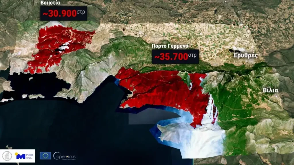 Βοιωτία και Αττική: Πάνω από 65.000 στρέμματα καταστράφηκαν από τις φωτιές (χάρτης)