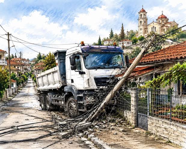 Φορτηγό «έφυγε» μόνο του και καρφώθηκε σε πολυκατοικία στη Μαγνησία (φώτο)